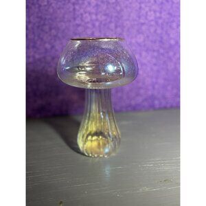 Vintage Iridescent Glass Cup,  Bar Decor Mushroom Glass, Gold Tone Glass Rim